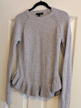 Ann Taylor Light Gray Ruffle-Hem Crewneck Sweater